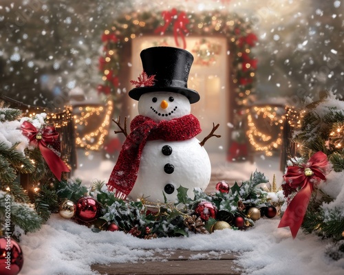 A whimsical snowman adorned with a classic top hat and vibrant scarf, playfully perched on a table, evoking winter cheer and festive spirit. photo