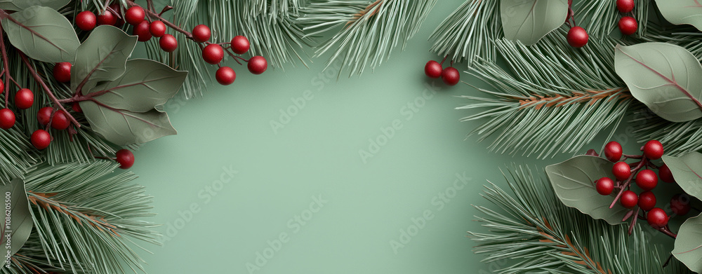 festive arrangement of pine branches and red berries on green background festive arrangement of pine branches and red berries on green background