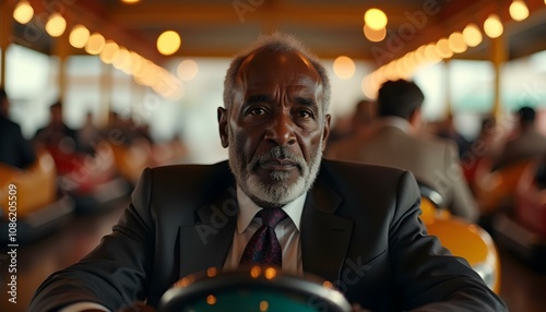 Black businessman with a serious expression in a bumper car at a fair or amusement park