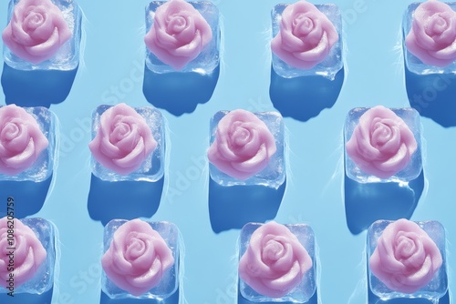 Crystal-clear ice cubes adorned with delicate pink flowers create a striking and refreshing visual, perfect for summer drinks or elegant presentations.