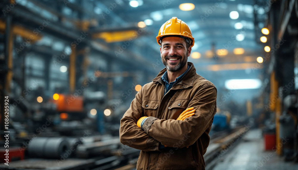 A confident metal worker stands proudly in a steel factory, symbolizing expertise. A confident metal worker stands proudly in a steel factory, symbolizing expertise.