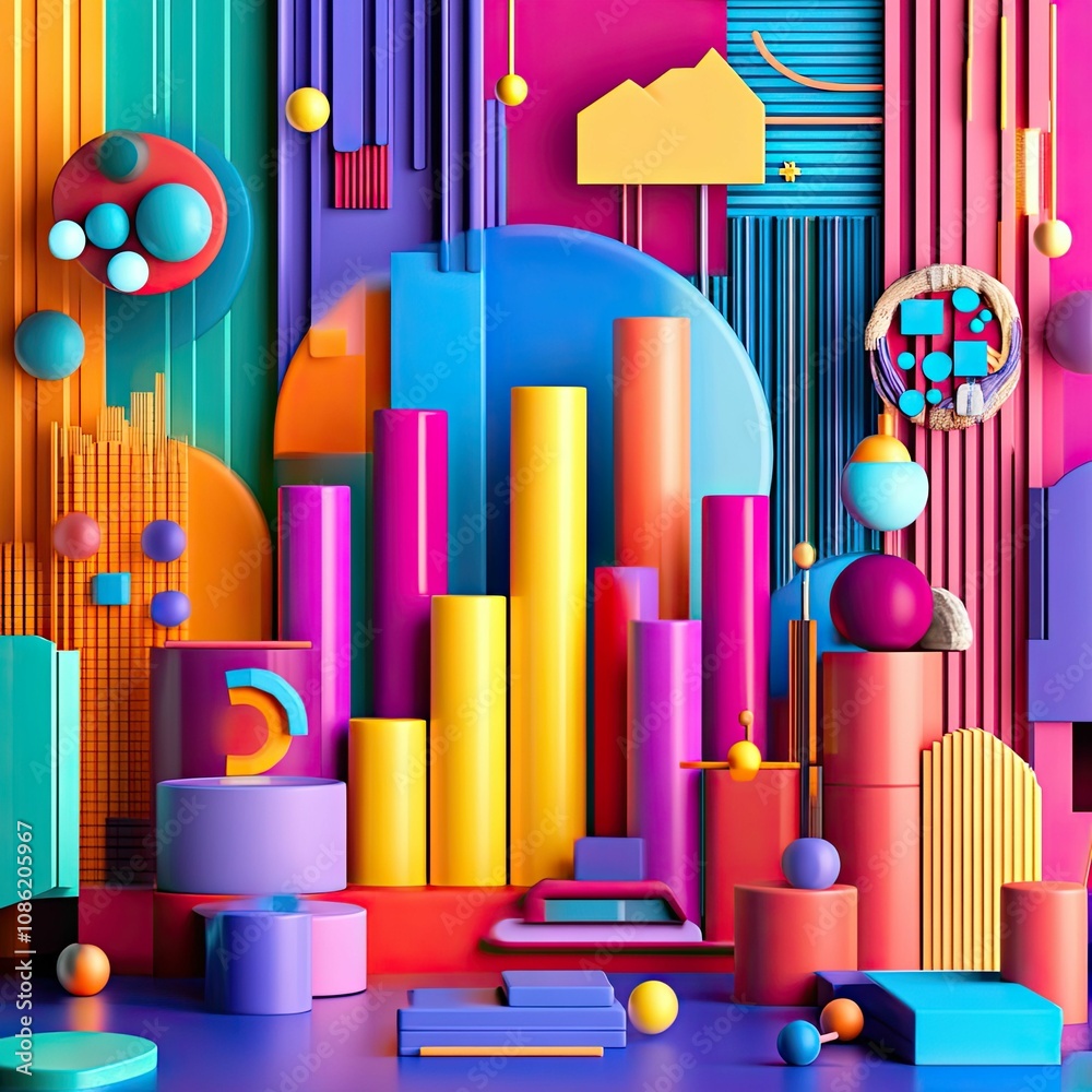 Colorful abstract geometric shapes and spheres.