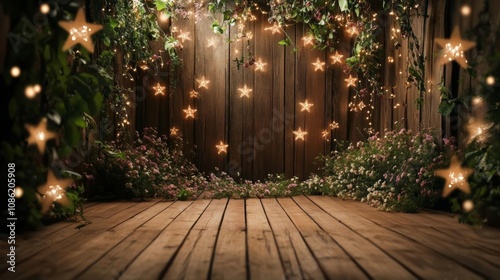 A warm, inviting close-up of a polished wooden floor, framed by a rustic wooden fence and softly glowing lights, creating a cozy ambiance.