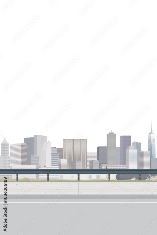 Naklejka premium Cityscape isolated view from sidewalk have skyscraper behind on white background vertical template graphic illustration.