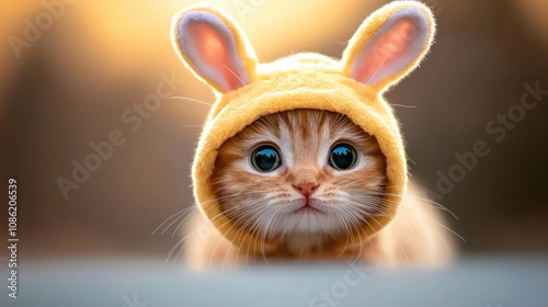 Cute ginger cat wearing bunny suit, looking curious and playful