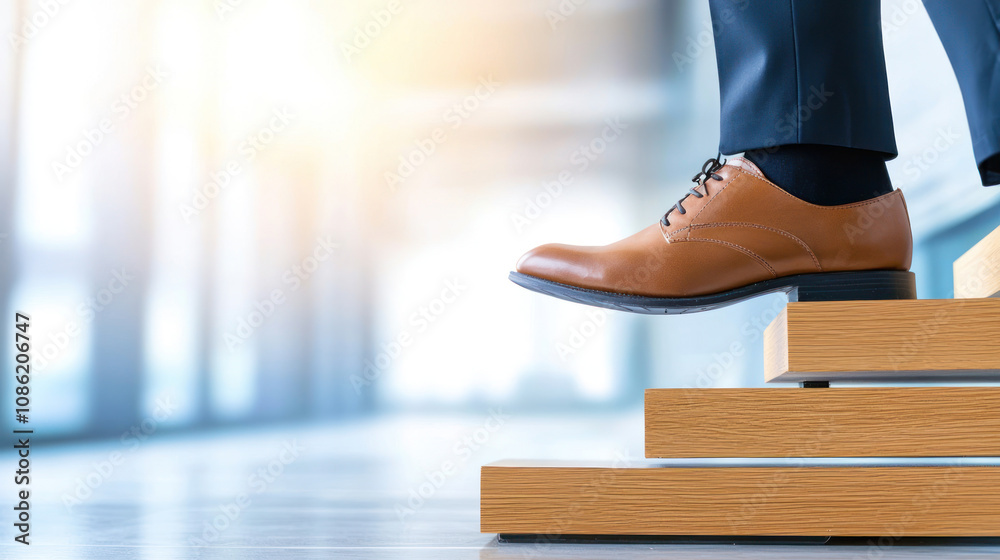 Businessman stepping up on wooden stairs, symbolizing progress and success Businessman stepping up on wooden stairs, symbolizing progress and success