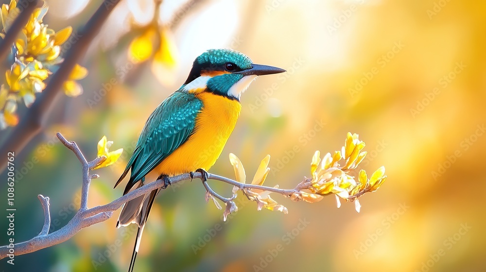 Naklejka premium A colorful bird perched on a branch amidst a softly blurred natural background.
