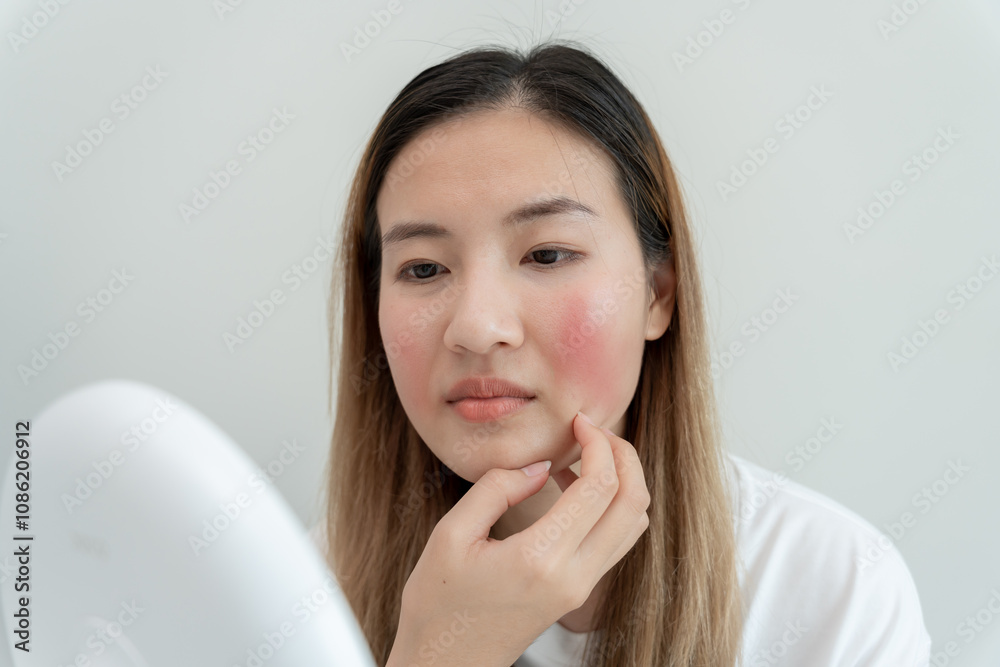 Young woman asian are worried about faces Dermatology and allergic to steroids in cosmetics. sensitive skin, red face from sunburn, acne, allergic to chemicals, rash on face. skin problems and beauty Young woman asian are worried about faces Dermatology and allergic to steroids in cosmetics. sensitive skin, red face from sunburn, acne, allergic to chemicals, rash on face. skin problems and beauty