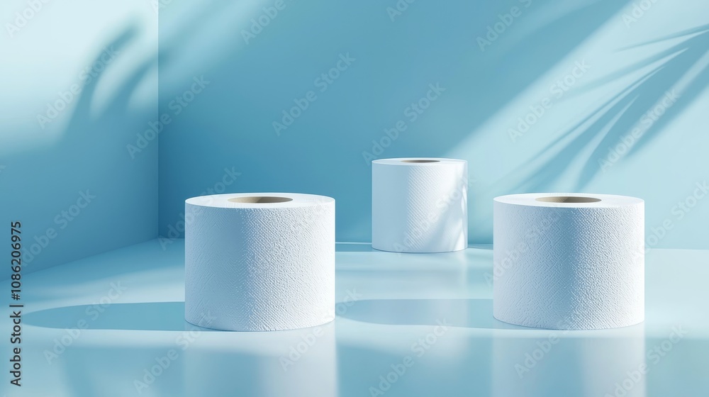 Clean, white toilet paper rolls in focus, light blue background, subtle modern toilet outline in the background, serene and fresh look