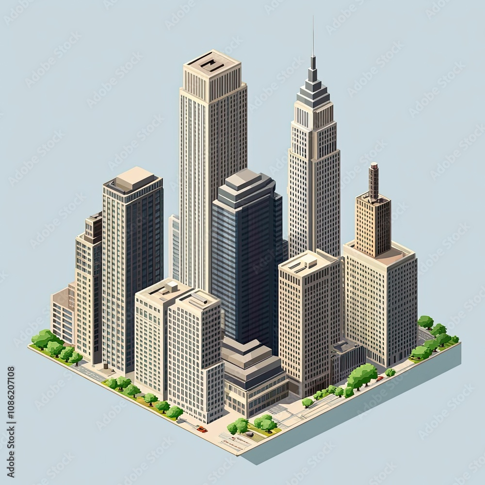 Fototapeta premium Isometric cityscape with tall buildings and trees.