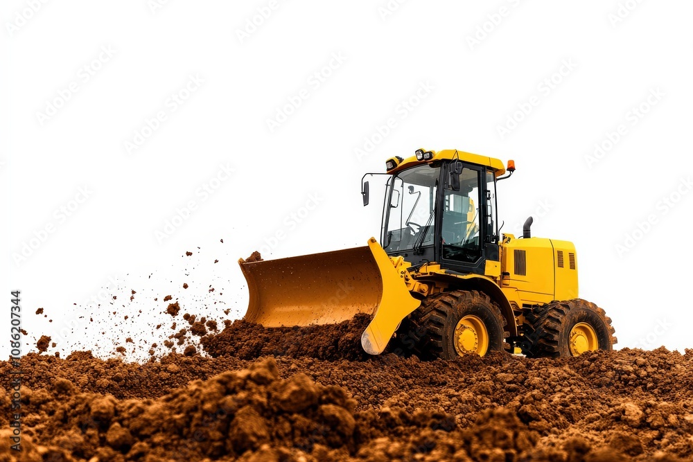 A yellow bulldozer moves dirt on a construction site, showcasing its powerful blade and rugged tires against a bright, minimalist background. A yellow bulldozer moves dirt on a construction site, showcasing its powerful blade and rugged tires against a bright, minimalist background.