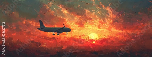 Airplane Flying Through Fiery Sunset Sky photo