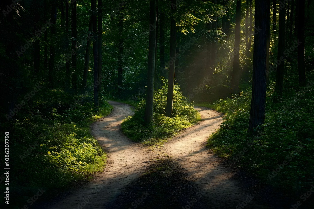 Obraz premium Sunlit Forking Path Through a Lush, Green Forest