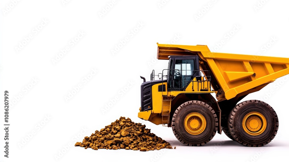 A bright yellow dump truck stands beside a pile of dirt, showcasing heavy machinery used in construction and excavation. A bright yellow dump truck stands beside a pile of dirt, showcasing heavy machinery used in construction and excavation.