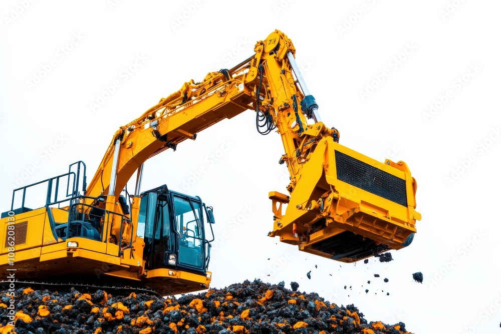 A yellow excavator operates on a pile of dirt, showcasing heavy machinery in action, used for construction and excavation projects. A yellow excavator operates on a pile of dirt, showcasing heavy machinery in action, used for construction and excavation projects.