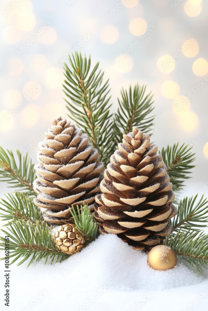 Three rustic pine cones rest elegantly on a blanket of snow, surrounded by delicate pine branches, evoking a tranquil winter scene. Three rustic pine cones rest elegantly on a blanket of snow, surrounded by delicate pine branches, evoking a tranquil winter scene.