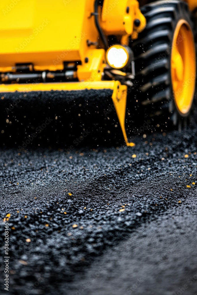 A machinery is laying down fresh asphalt, creating a textured surface on a road, with a vibrant yellow color contrasting against the dark pavement. A machinery is laying down fresh asphalt, creating a textured surface on a road, with a vibrant yellow color contrasting against the dark pavement.