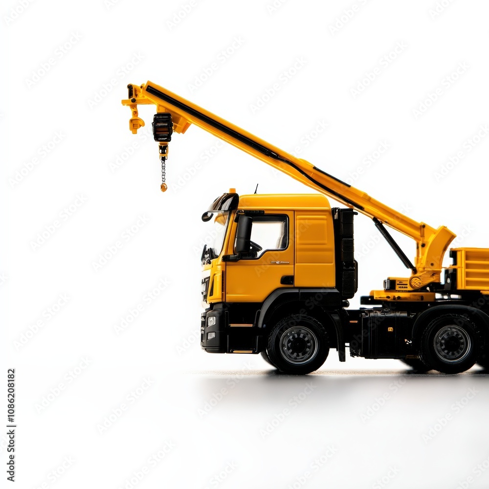 A detailed model of a yellow crane truck is showcased, featuring an elongated arm and a hook for lifting loads. A detailed model of a yellow crane truck is showcased, featuring an elongated arm and a hook for lifting loads.