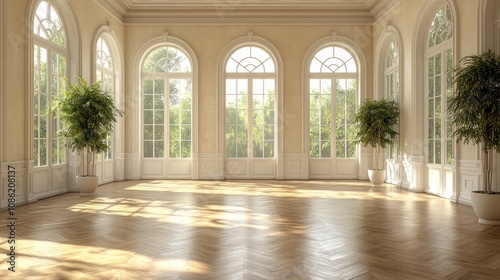 Bright, spacious room with large windows and potted plants.