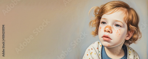 child is sick, baby rash, copyspace on light brown background