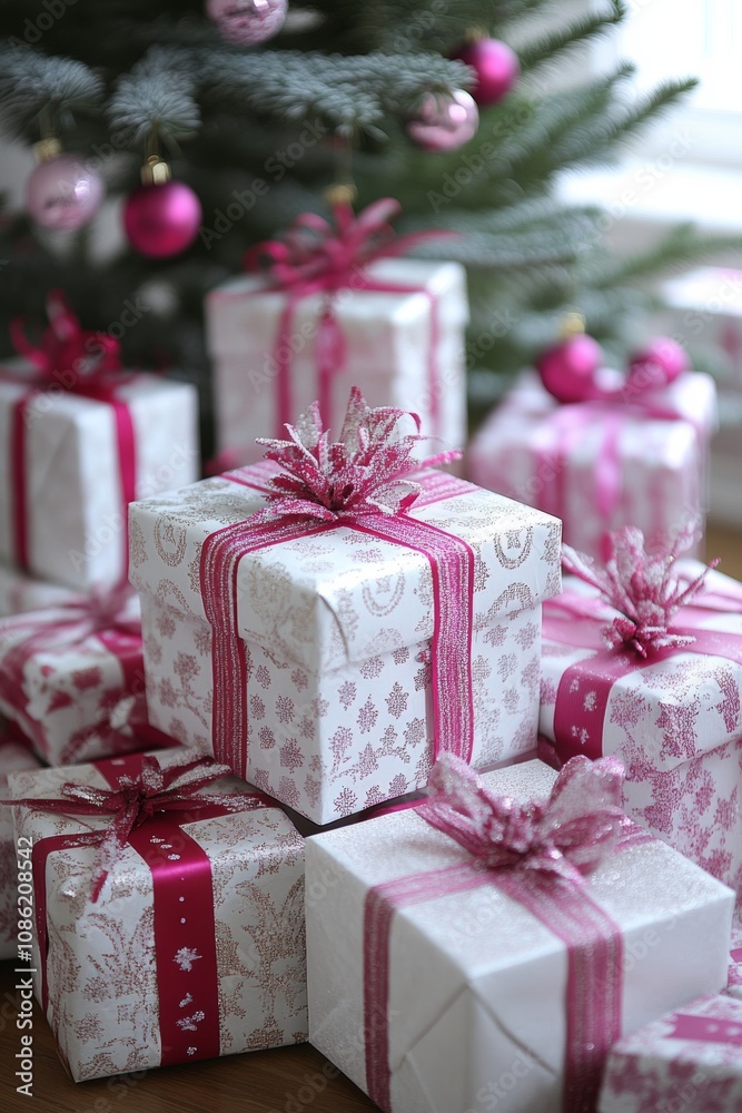 A delightful close-up of a colorful pile of gifts adorned with vibrant pink bows, radiating joy and festive spirit in a cheerful, celebratory setting. A delightful close-up of a colorful pile of gifts adorned with vibrant pink bows, radiating joy and festive spirit in a cheerful, celebratory setting.