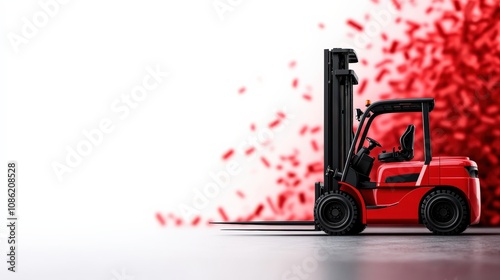 A red forklift stands against a minimalist background, with an explosion of red particles, emphasizing industrial strength and vibrant color contrast.