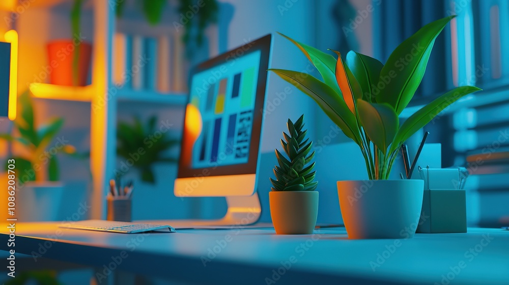 A modern workspace featuring plants, a computer, and organized desk items.