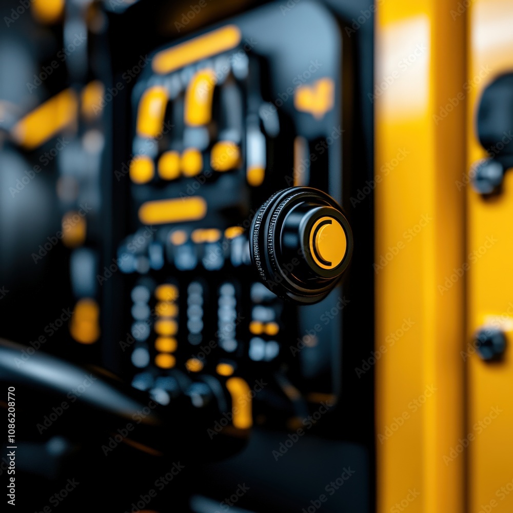 A close-up of a control panel featuring black and yellow knobs and buttons, showcasing the intricate design and functionality of machinery. A close-up of a control panel featuring black and yellow knobs and buttons, showcasing the intricate design and functionality of machinery.
