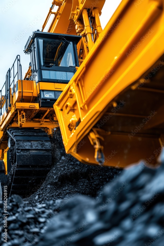 A vibrant yellow excavator is positioned near a pile of coal, showcasing heavy machinery in action at an industrial site. A vibrant yellow excavator is positioned near a pile of coal, showcasing heavy machinery in action at an industrial site.
