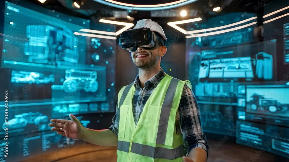 A man in a VR headset wearing a safety vest, engaged in a virtual environment. A man in a VR headset wearing a safety vest, engaged in a virtual environment.