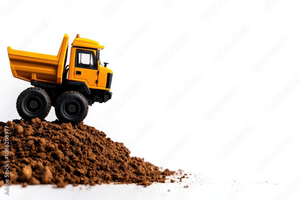 A bright yellow toy dump truck is perched on a mound of dirt, highlighting playful construction themes in a simple, clean photographic setting. A bright yellow toy dump truck is perched on a mound of dirt, highlighting playful construction themes in a simple, clean photographic setting.