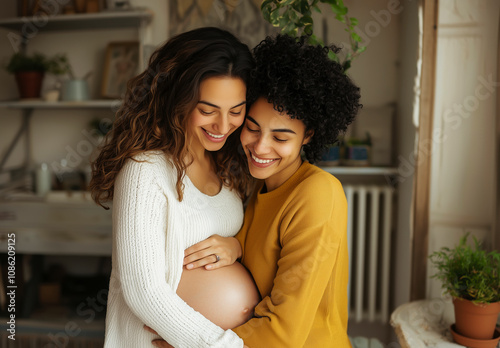 Pregnant Couple Sharing Joyful Moment - LGBTIQ+ LGBTQ+ People. International lLGBTQ+ Pride Day. Diversity Awareness. Lesbian, Gay, Bisexual, Transgender, Queer or Questioning, Intersex, Asexual and Mo photo