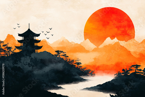 Serene Pagoda Sunset Mountain Landscape