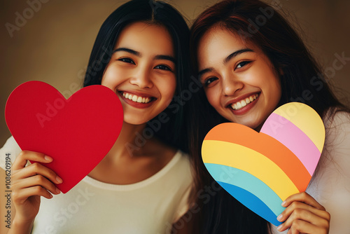 Two Smiling Women Holding Heart-Shaped Gifts - LGBTIQ+ LGBTQ+ People. International lLGBTQ+ Pride Day. Diversity Awareness. Lesbian, Gay, Bisexual, Transgender, Queer or Questioning, Intersex, Asexual photo