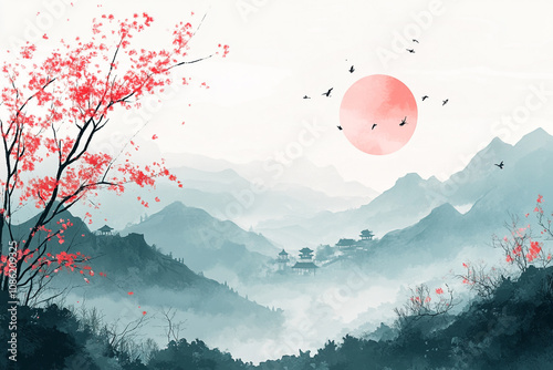 Serene Mountain Landscape with Blossoming Trees and Birds