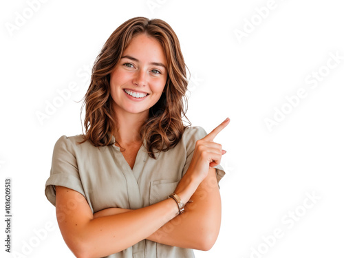 Jovem apontando para o lado com as mãos em fundo transparente photo