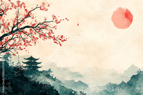 Serene Watercolor Painting of Asian Mountains and Cherry Blossoms