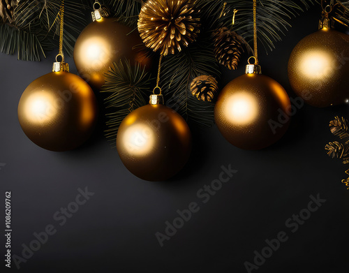 Golden chrismas balls and bells Close-u, dark black background and Shiny golden lights