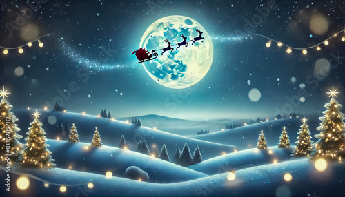 Santa's Sleigh in Moonlit Winter Sky - Enchanting Christmas Night Scene with Glowing Trees, Snowy Hills, and a Starry Sky photo