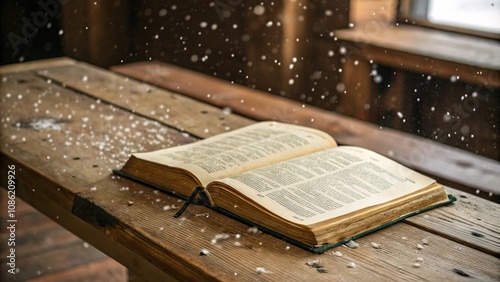 Open Holy Bible on a rustic wooden table with snowflakes