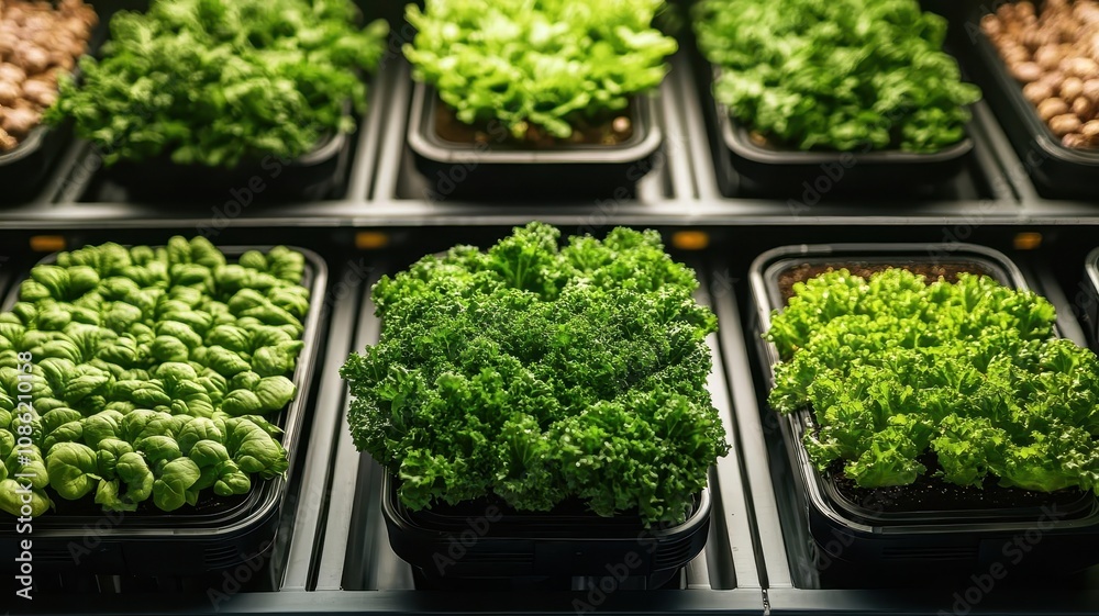 Sustainable Food Technology with Science research concept. A vibrant display of fresh greens in trays, showcasing a variety of leafy vegetables and legumes in a market setting. Sustainable Food Technology with Science research concept. A vibrant display of fresh greens in trays, showcasing a variety of leafy vegetables and legumes in a market setting.