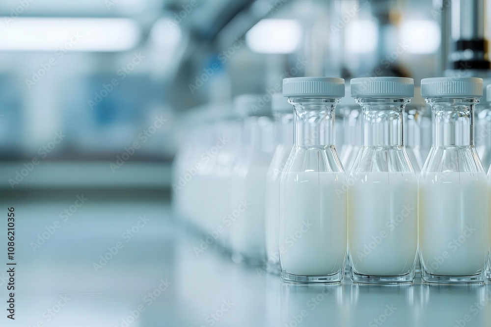 Sustainable Food Technology with Science research concept. A row of glass bottles filled with milk, positioned on a factory table, showcasing a clean and modern dairy production environment. Sustainable Food Technology with Science research concept. A row of glass bottles filled with milk, positioned on a factory table, showcasing a clean and modern dairy production environment.