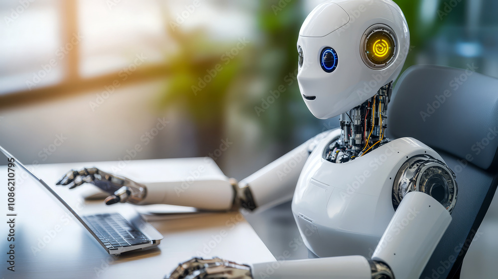Futuristic Robot Using a Laptop in a Modern Office Setting Futuristic Robot Using a Laptop in a Modern Office Setting
