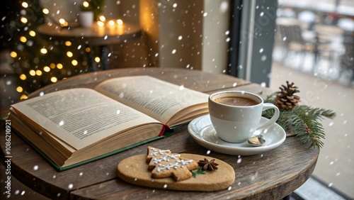 Open Holy Bible on a rustic wooden table with snowflakes photo