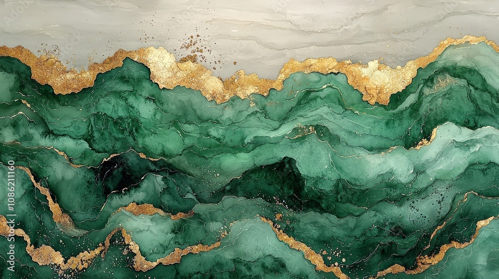 Abstract green and gold landscape with flowing textures and organic shapes. Abstract green and gold landscape with flowing textures and organic shapes.