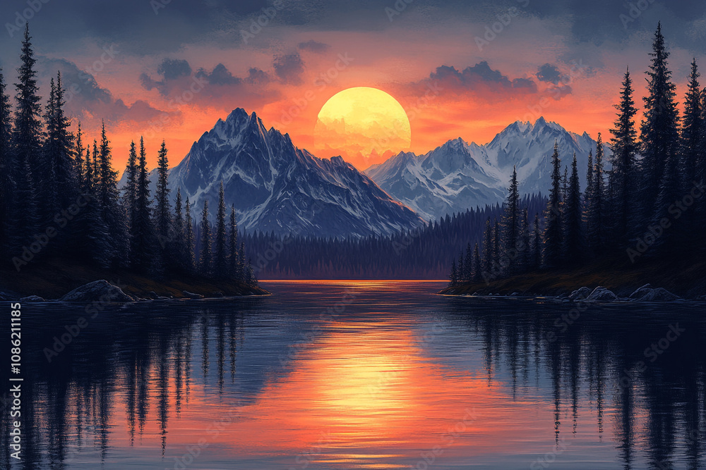 Majestic Sunset Over Mountain Lake And Pines Majestic Sunset Over Mountain Lake And Pines