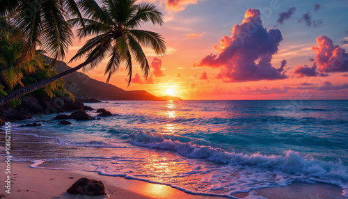 Tropical sunset with glowing skies, palm silhouettes, serene sea, and distant hills. photo