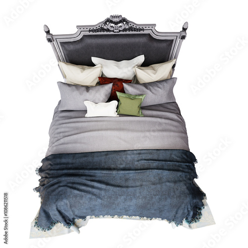 3d Furniture modern blue blanket double bed with European style headboard isolated on a white background, Decoration Design for bedroom.