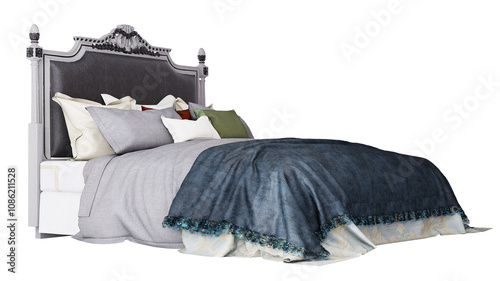 3d Furniture modern blue blanket double bed with European style headboard isolated on a white background, Decoration Design for bedroom.