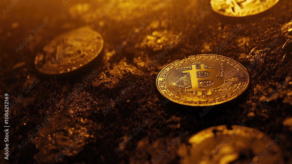 Bitcoin coins on dark, textured surface, illuminated by orange glow